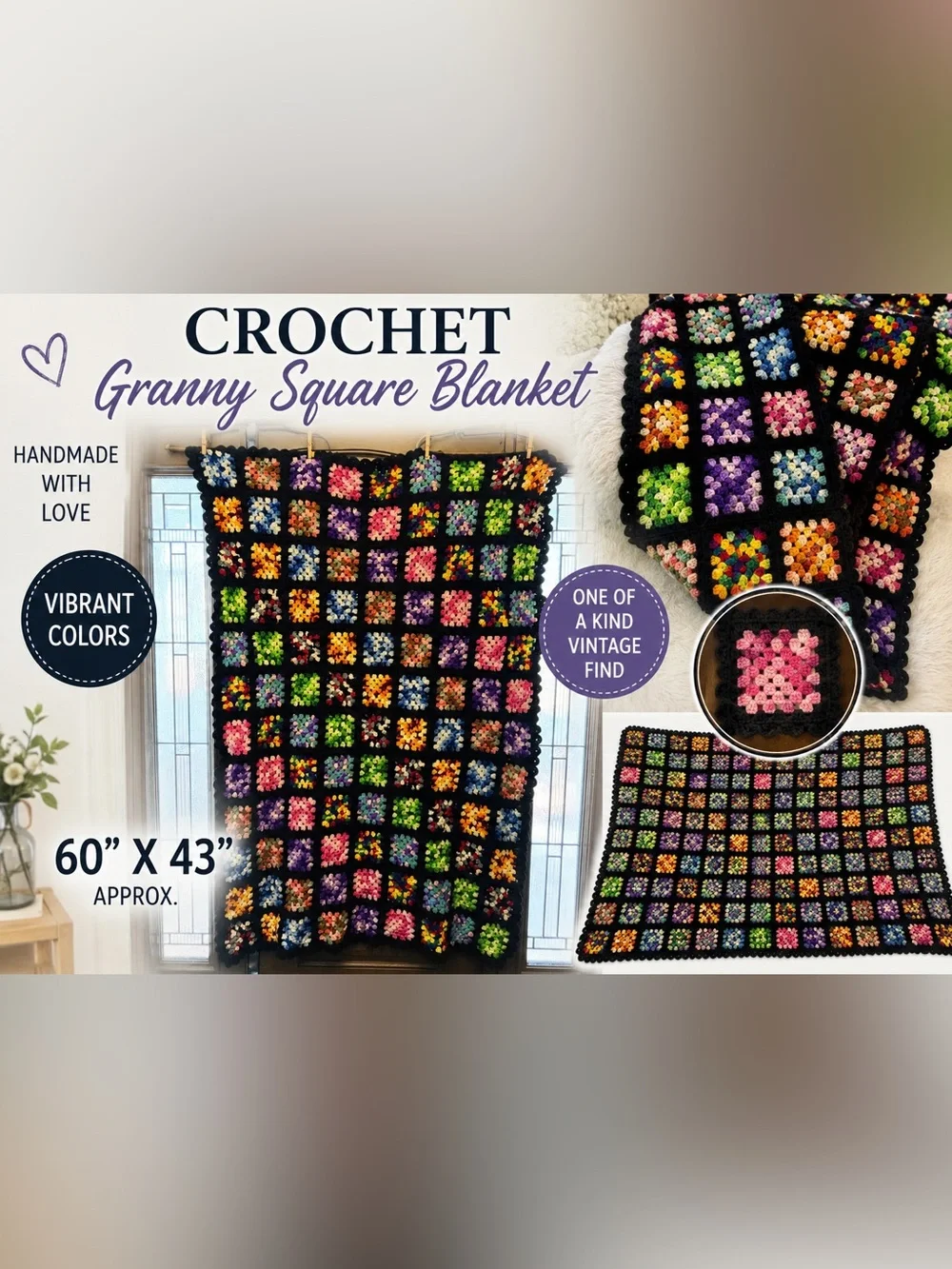 Handmade Crochet Granny Square Throw Blanket 60” x 43”